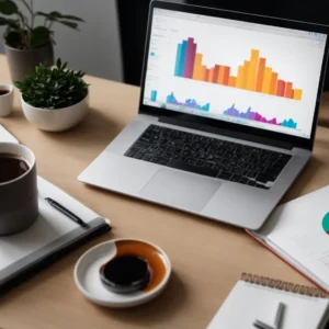 a laptop on a desk displays colorful graphs and charts on the screen, surrounded by a notepad and a cup of coffee.