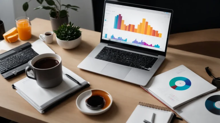 a laptop on a desk displays colorful graphs and charts on the screen, surrounded by a notepad and a cup of coffee.