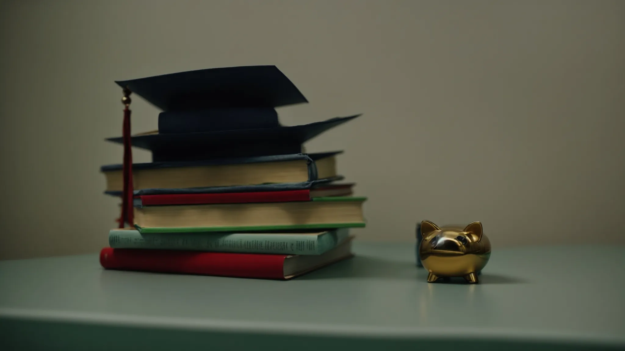 a stack of textbooks beside a piggy bank on a desk, illustrating the concept of managing finances for education.