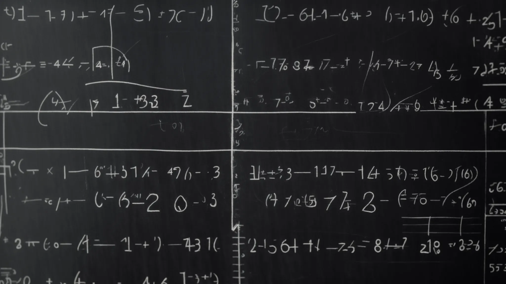 a chalkboard covered with a parabolic graph and various written algebraic equations.