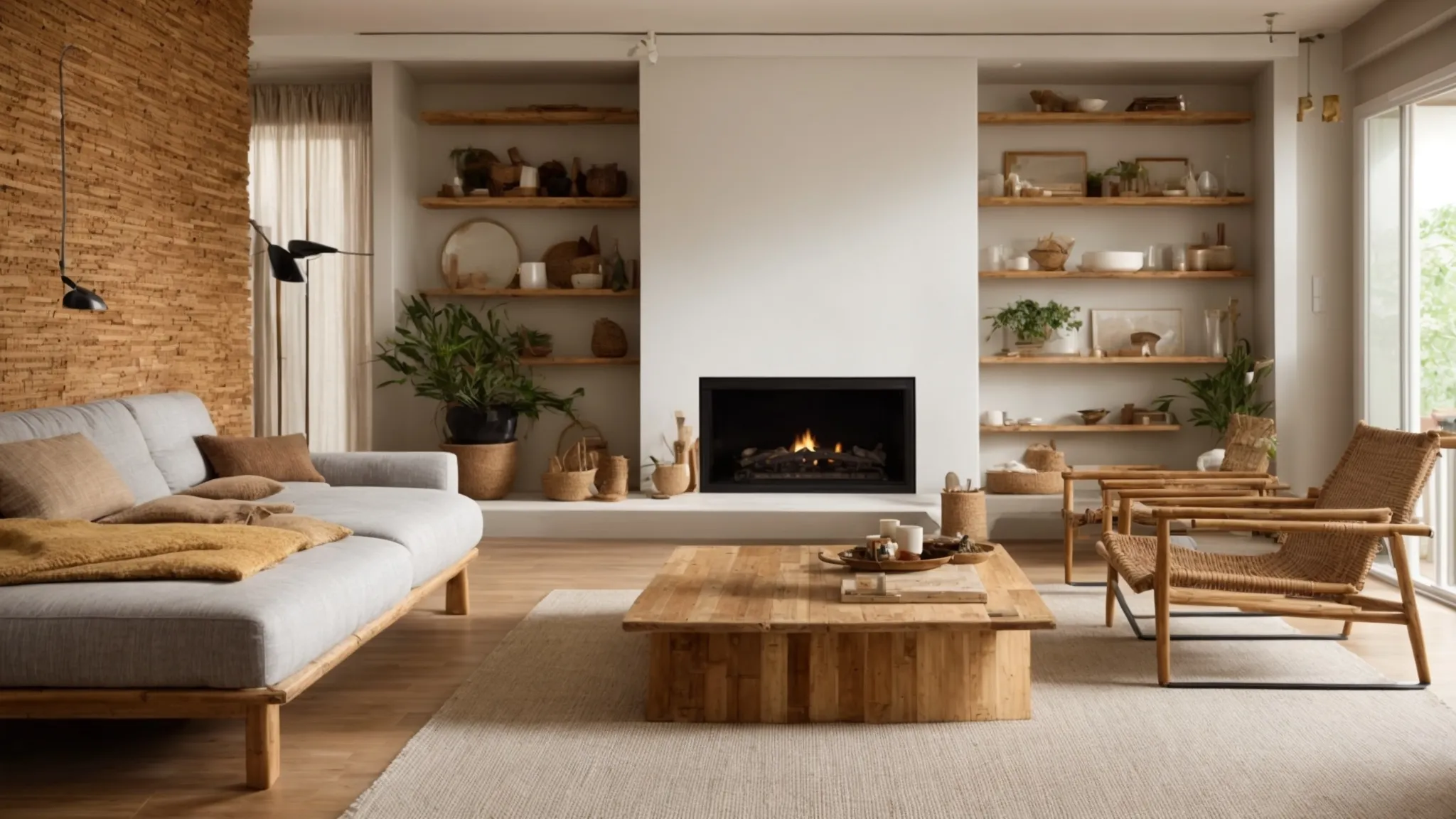 a living room showcasing bamboo furniture, cork flooring, recycled wood decor, low-voc painted walls, metal fixtures, and a natural stone fireplace.