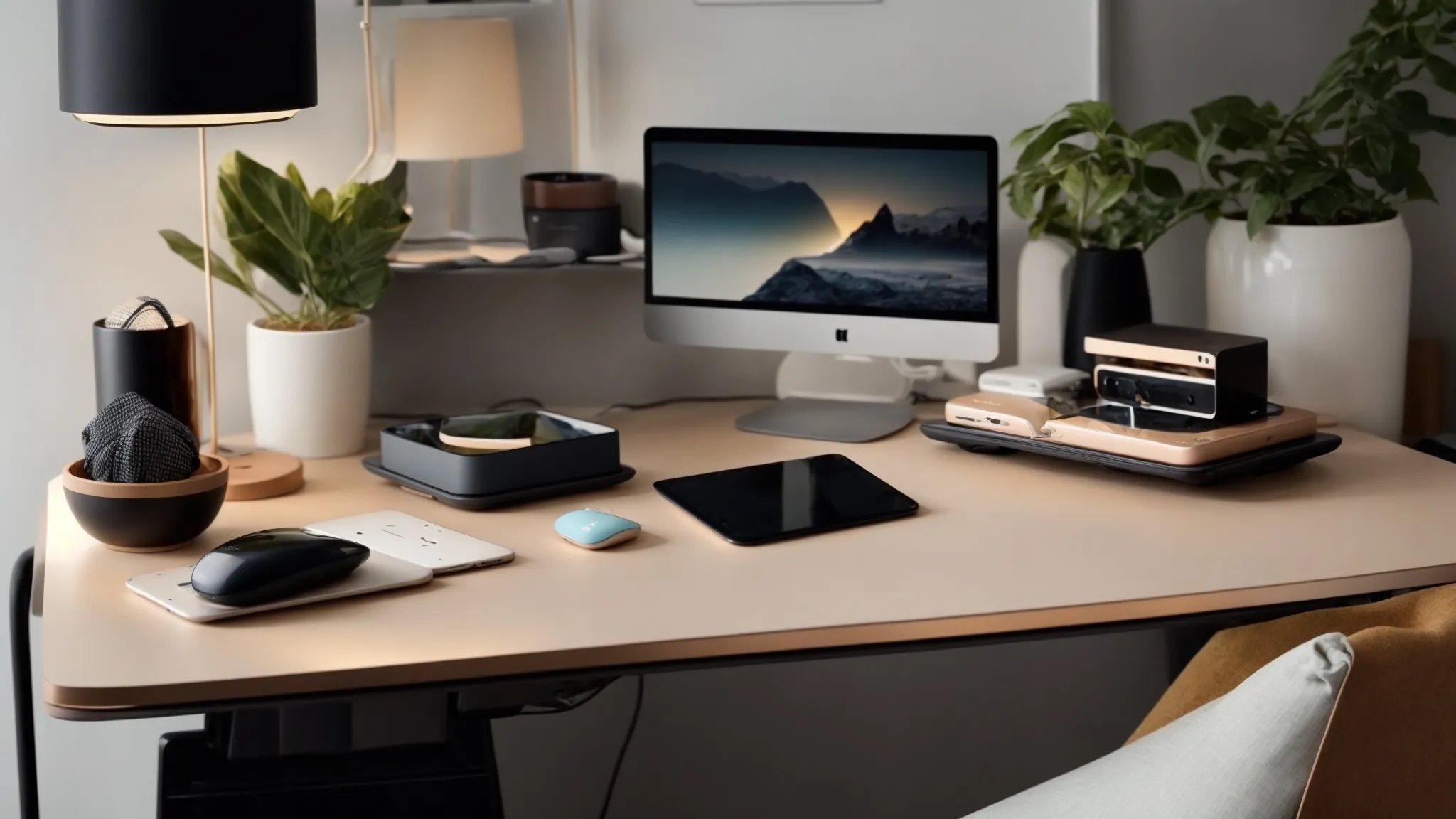 a small desk is neatly organized with a wireless charging pad, a compact lamp with built-in storage, adjustable shelves, and a cable management system.