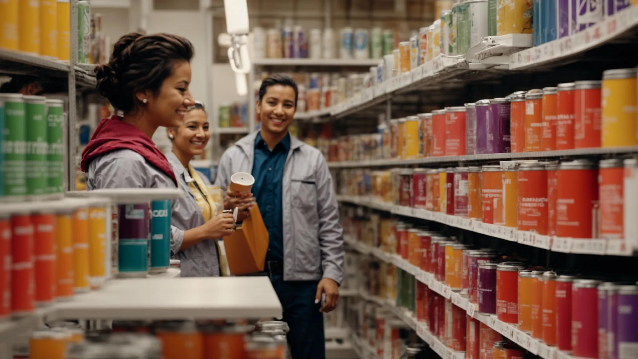 bright-colored paint cans are artfully arranged on shelves under warm lighting, while a smiling consultant discusses color options with a client in a spacious, inviting tampa paint shop.