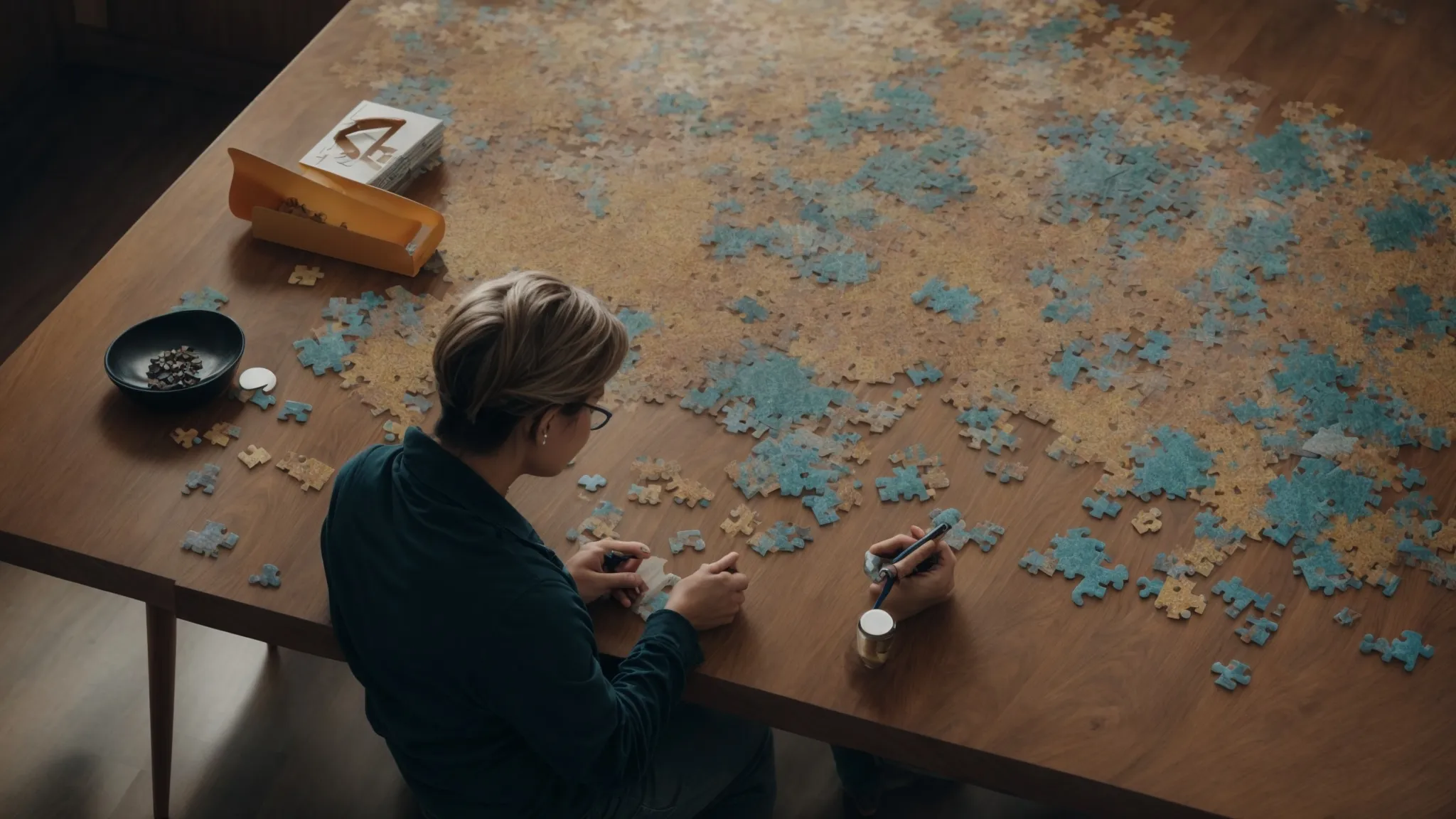 a person pondering over a complex puzzle on a large, clear table scattered with various types of puzzles and mathematical tools.