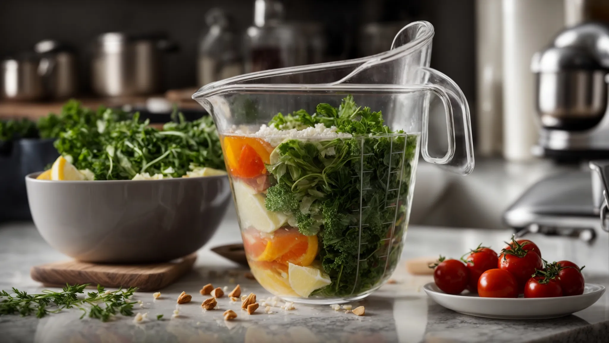 a clear measuring cup sits on a kitchen counter, surrounded by fresh ingredients waiting to be transformed into a culinary masterpiece.