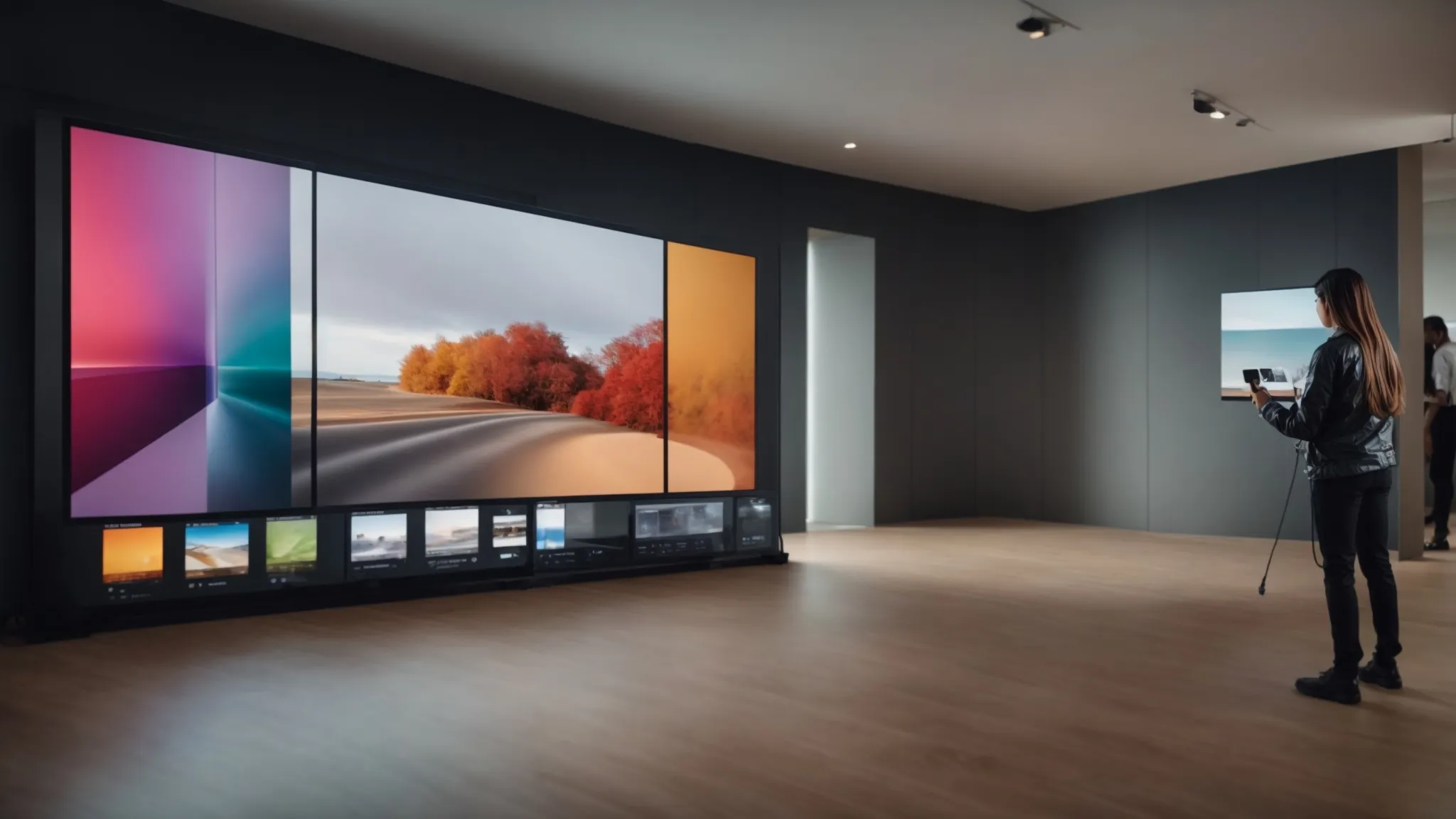 a customer is using a touchscreen display to simulate different wall colors in a virtual room setup.