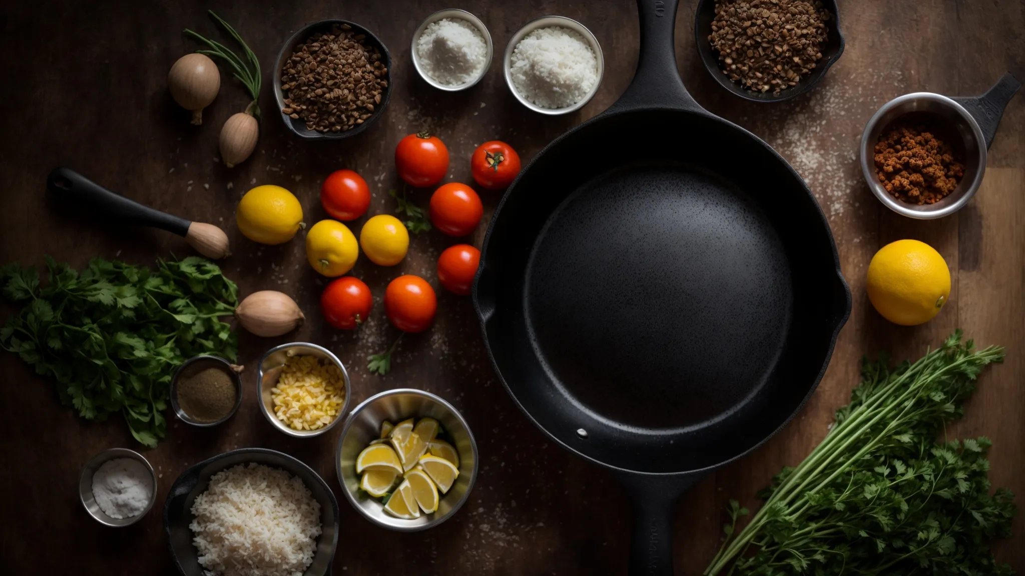 a well-loved cast iron skillet sits on a stovetop, surrounded by various ingredients, ready for cooking.