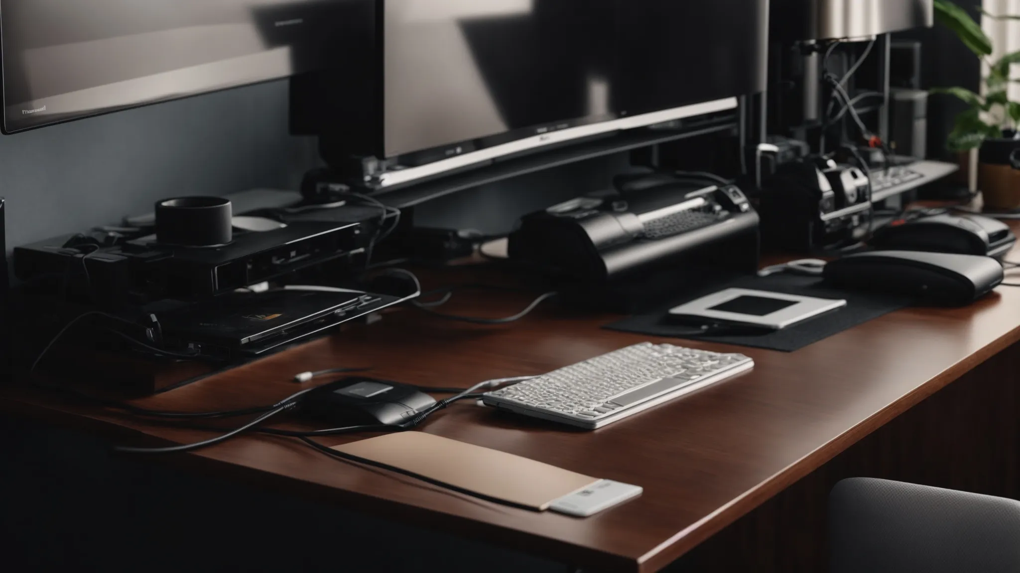 a tidy desk with hidden cables, showcasing a clean working area and an under-desk cable tray.