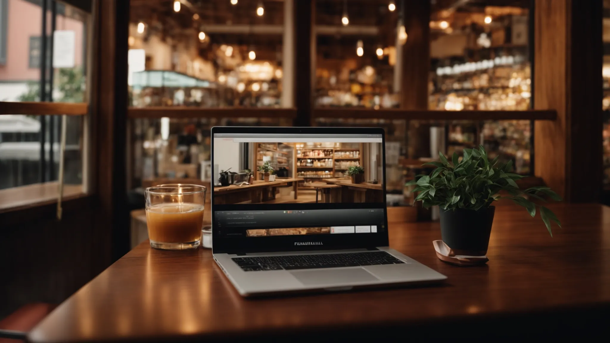 a laptop open on a wooden desk displaying a bright, inviting storefront on its screen.