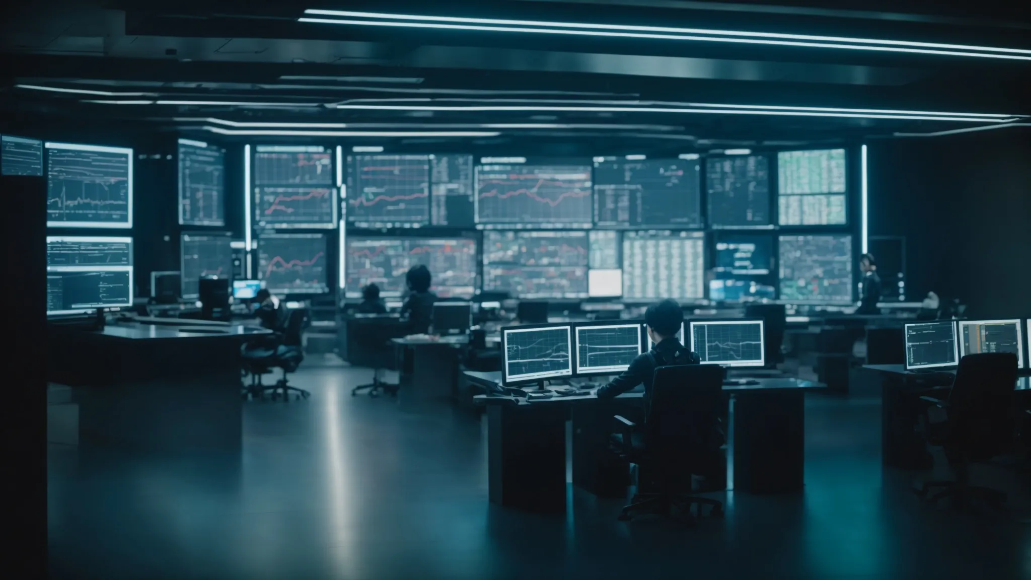 a futuristic computer lab with screens displaying complex data charts and a humanoid robot interfacing with the systems.