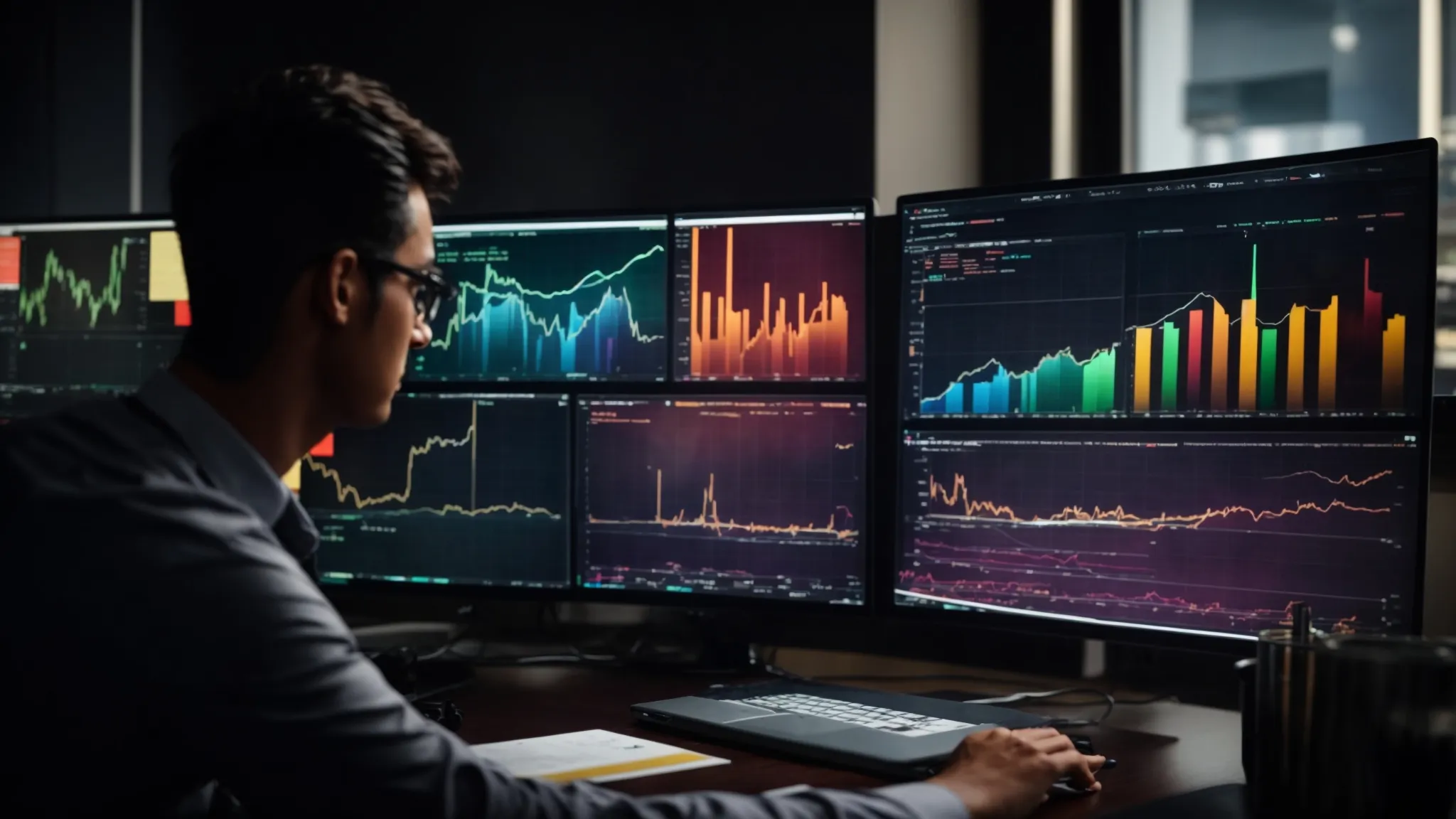 a person analyzing vibrant graphs and charts on a computer screen, illustrating seo performance metrics.