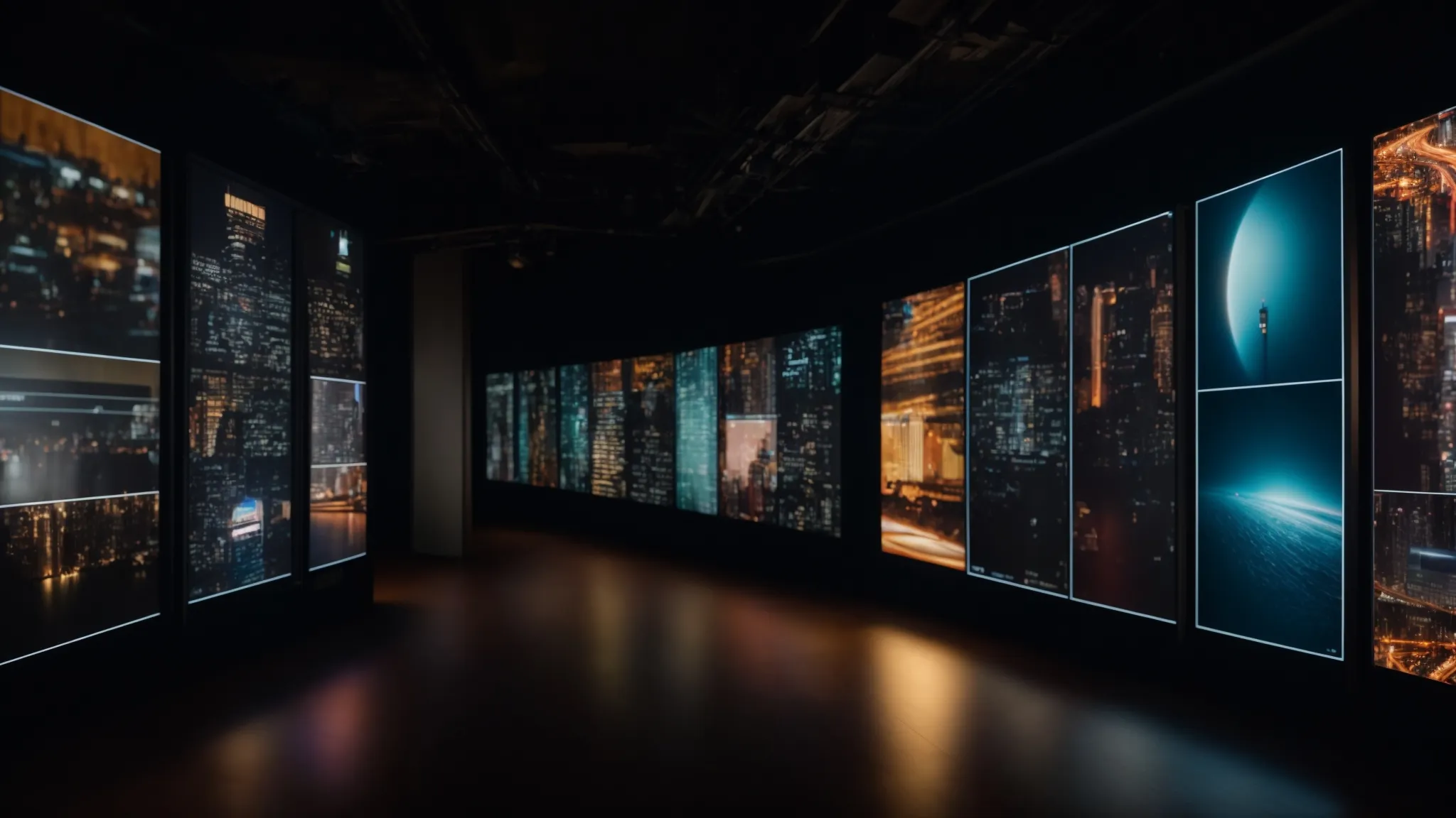 a row of diverse, glowing digital screens displaying various types of engaging content in an otherwise dark room.