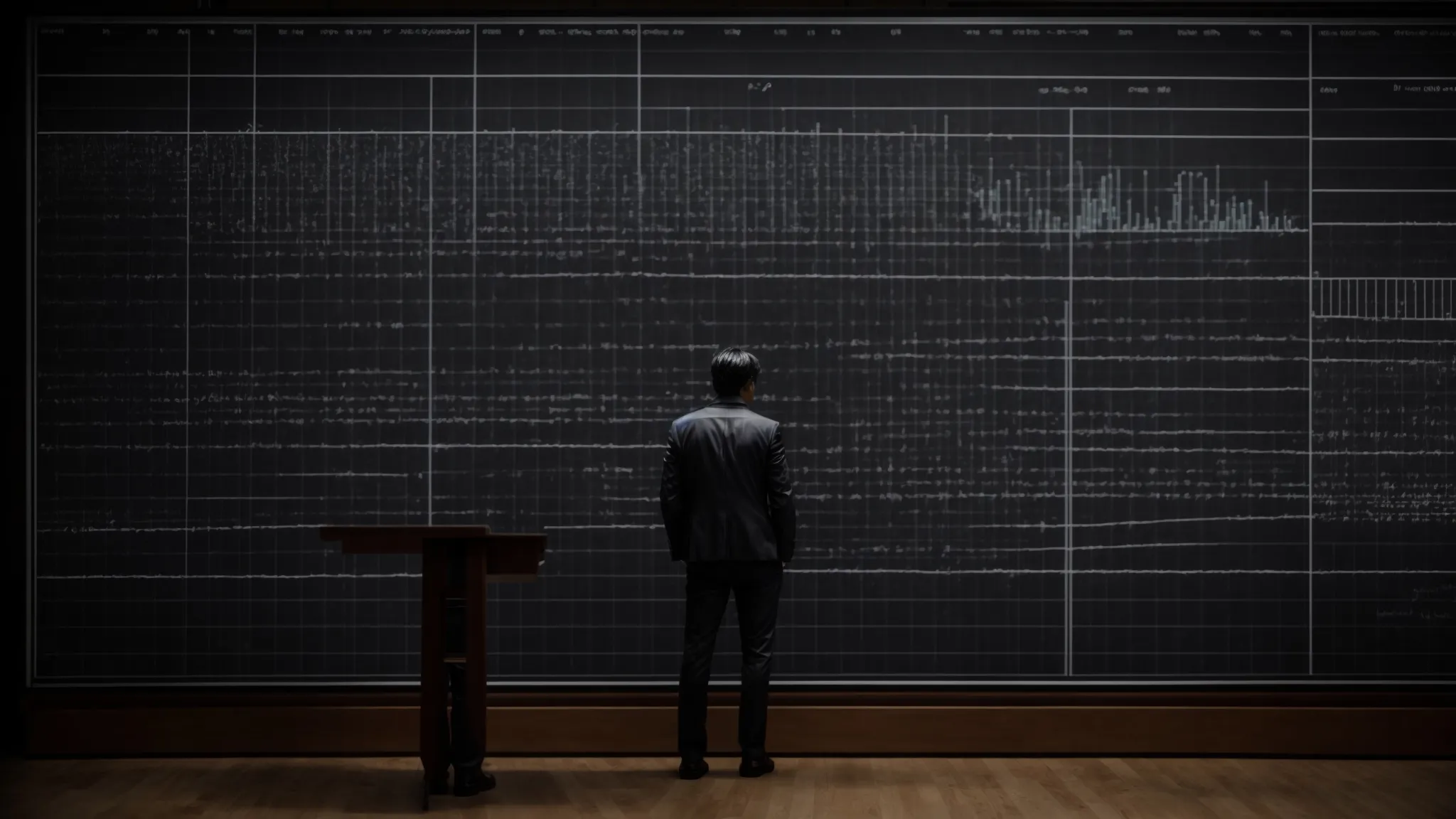 a mathematician stands before a large chalkboard filled with distinguishable, segmented bar graphs and discrete data points.