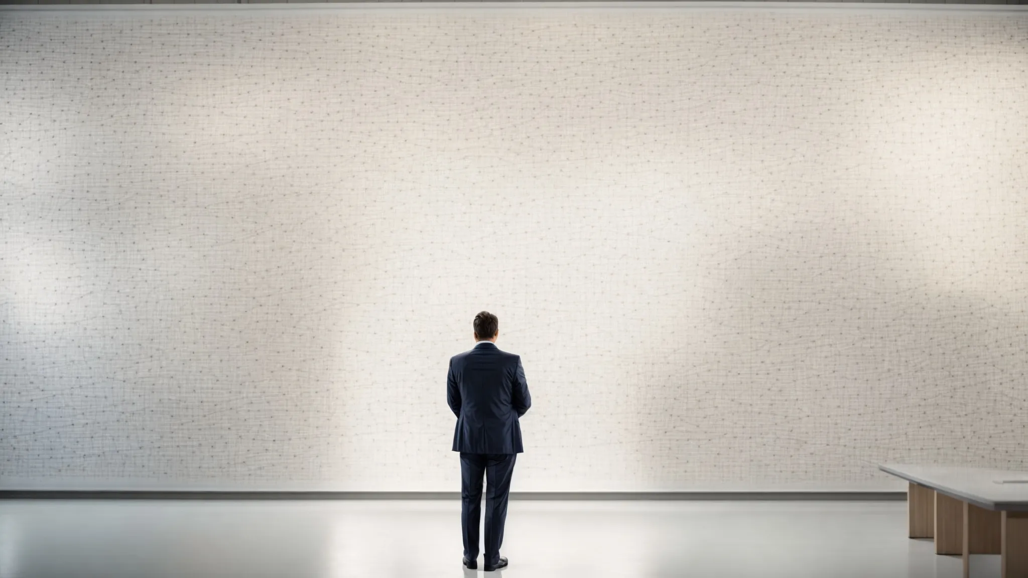 a professor stands before a large whiteboard, covered with interconnected points and lines mapping out complex networks.