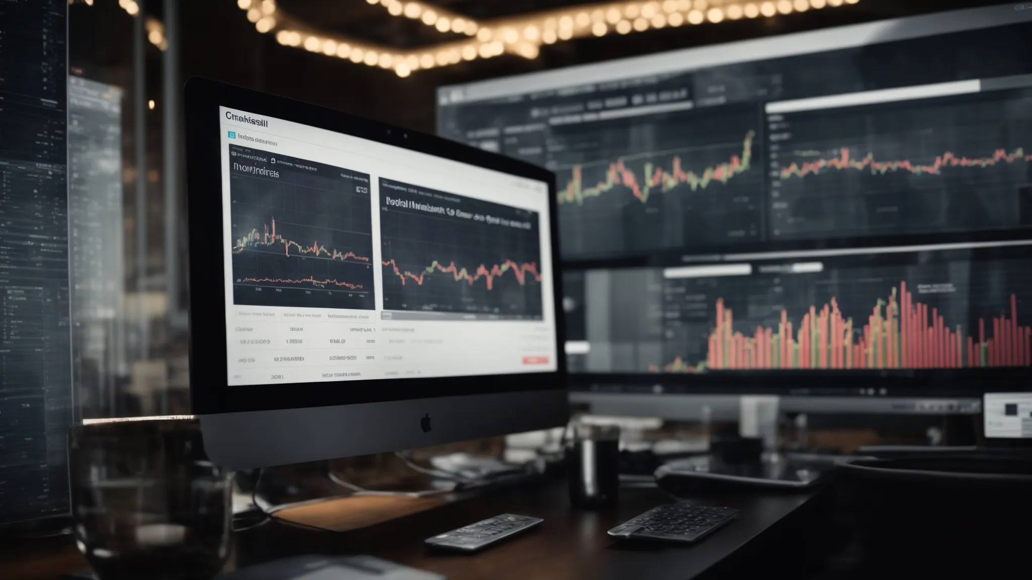 a screen displaying charts and graphs next to a glowing advertising sign in a bustling digital marketing agency.