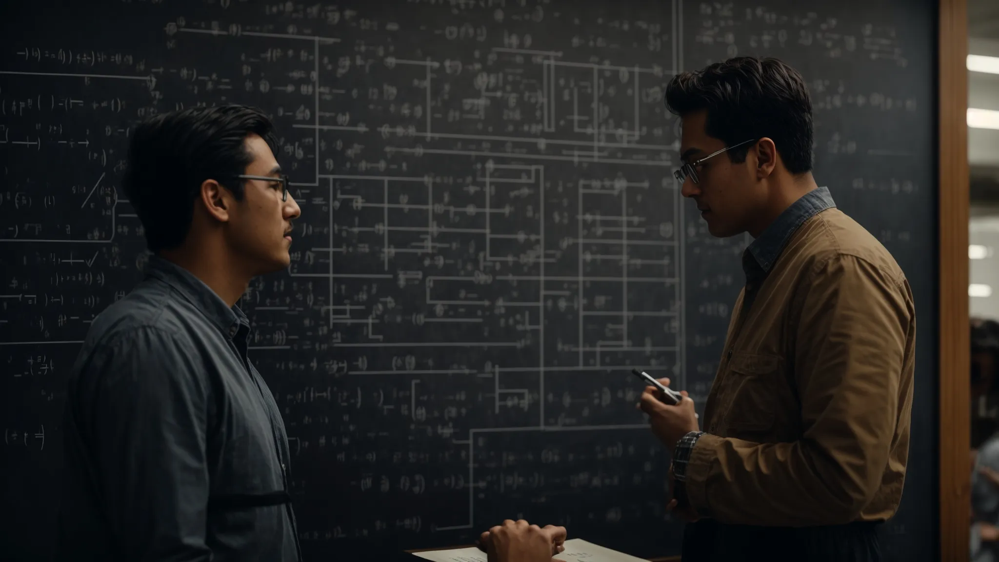 a physicist and an engineer discussing over a large blackboard filled with mathematical equations, a model bridge, and circuit diagrams nearby.