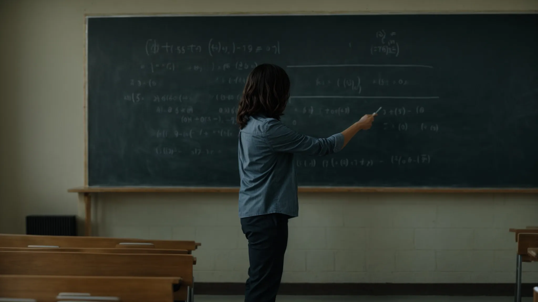 a teacher stands before a chalkboard, illustrating two-step equations to an attentive classroom.