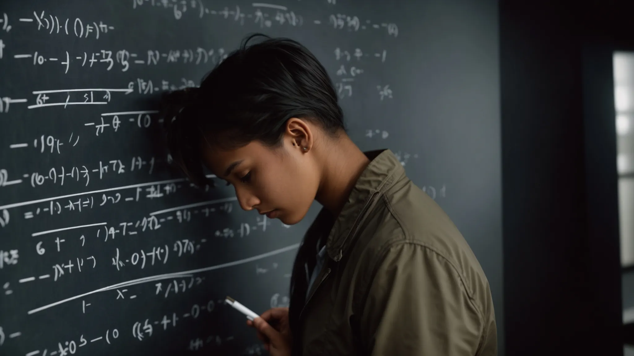 a focused student carefully examines a set of linear equations on a chalkboard, ensuring accuracy in each step.