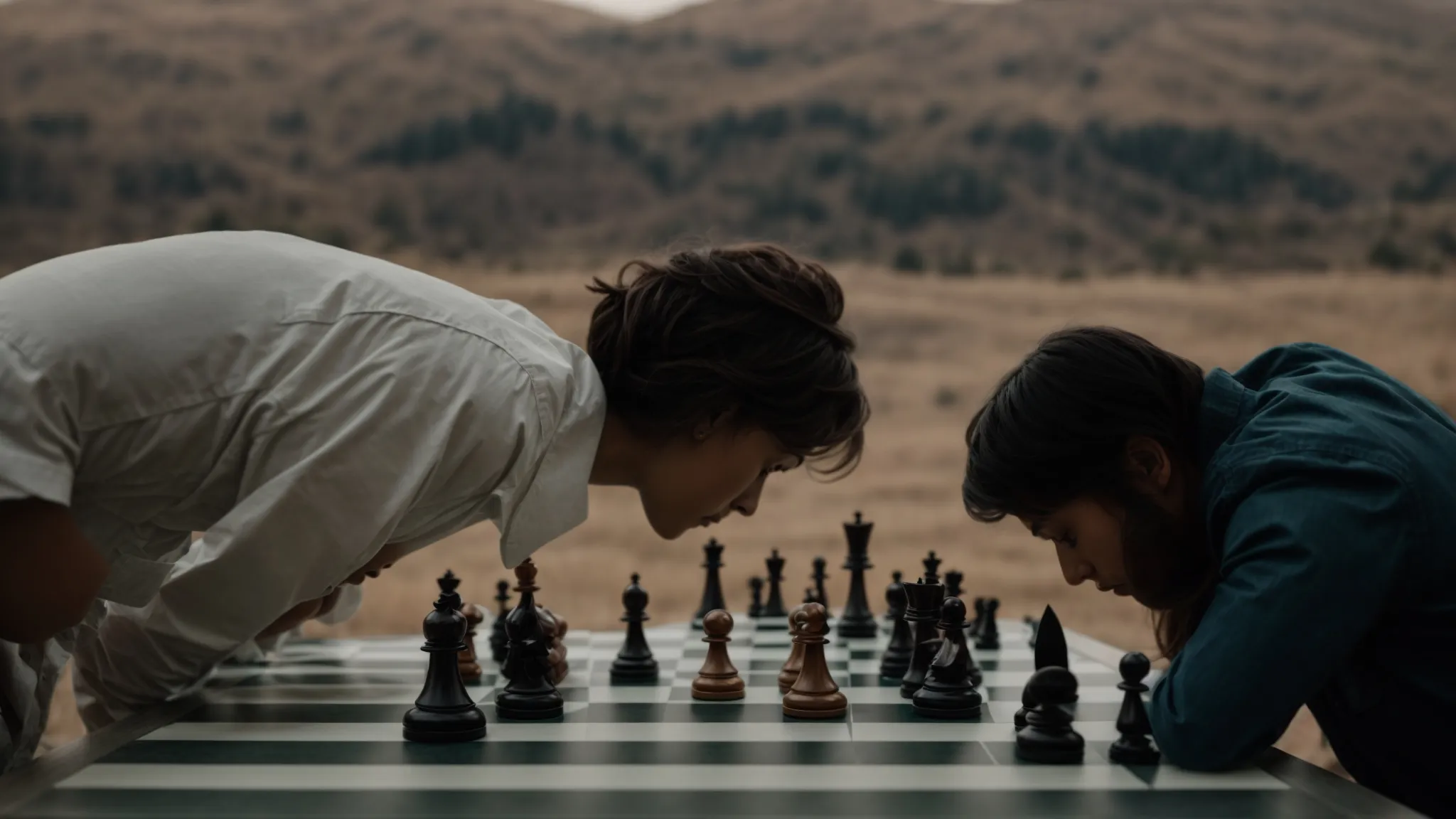 two people engage in a contemplative stance over a chessboard, poised to make their opening moves.
