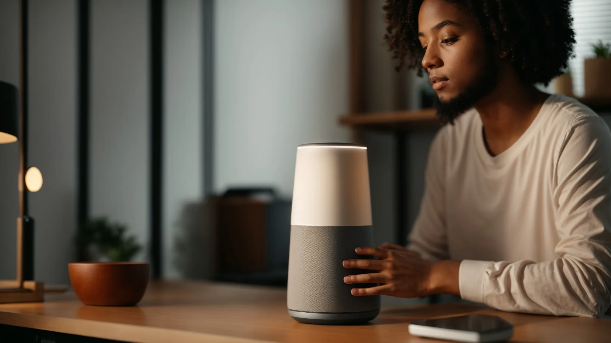 a person speaking into a smart speaker on a desk, illuminated by soft light, symbolizing interaction with conversational ai.