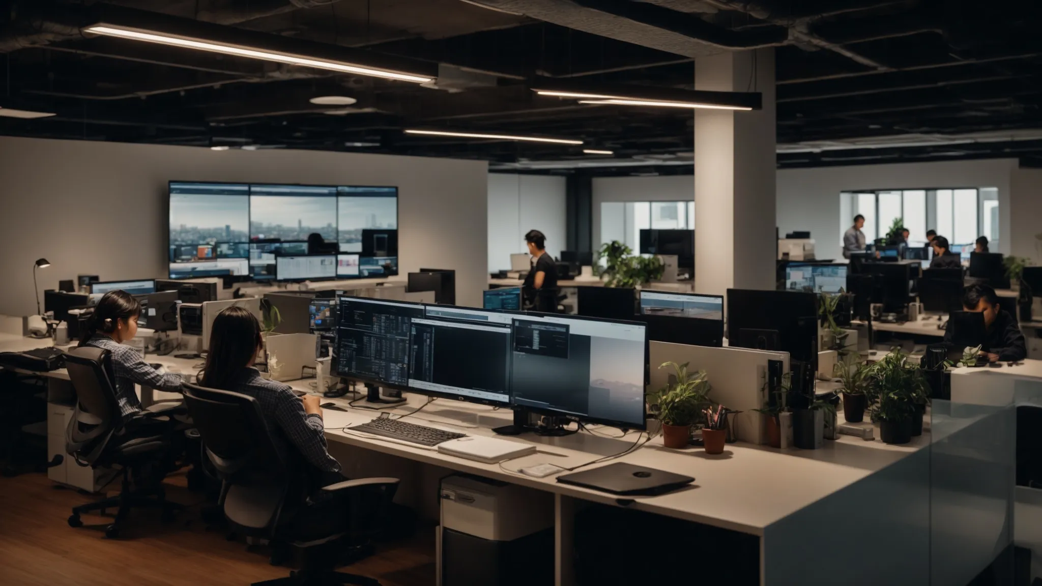 a panoramic view of a bustling digital marketing agency office with individuals working on multiple computer screens.