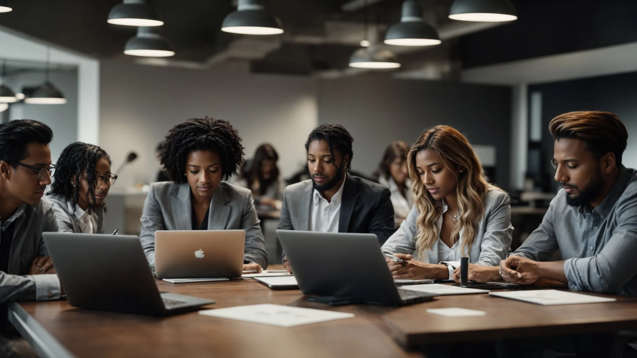 a group of professionals collaborating around a large table, with laptops and digital tablets, strategizing in a bright, modern office.
