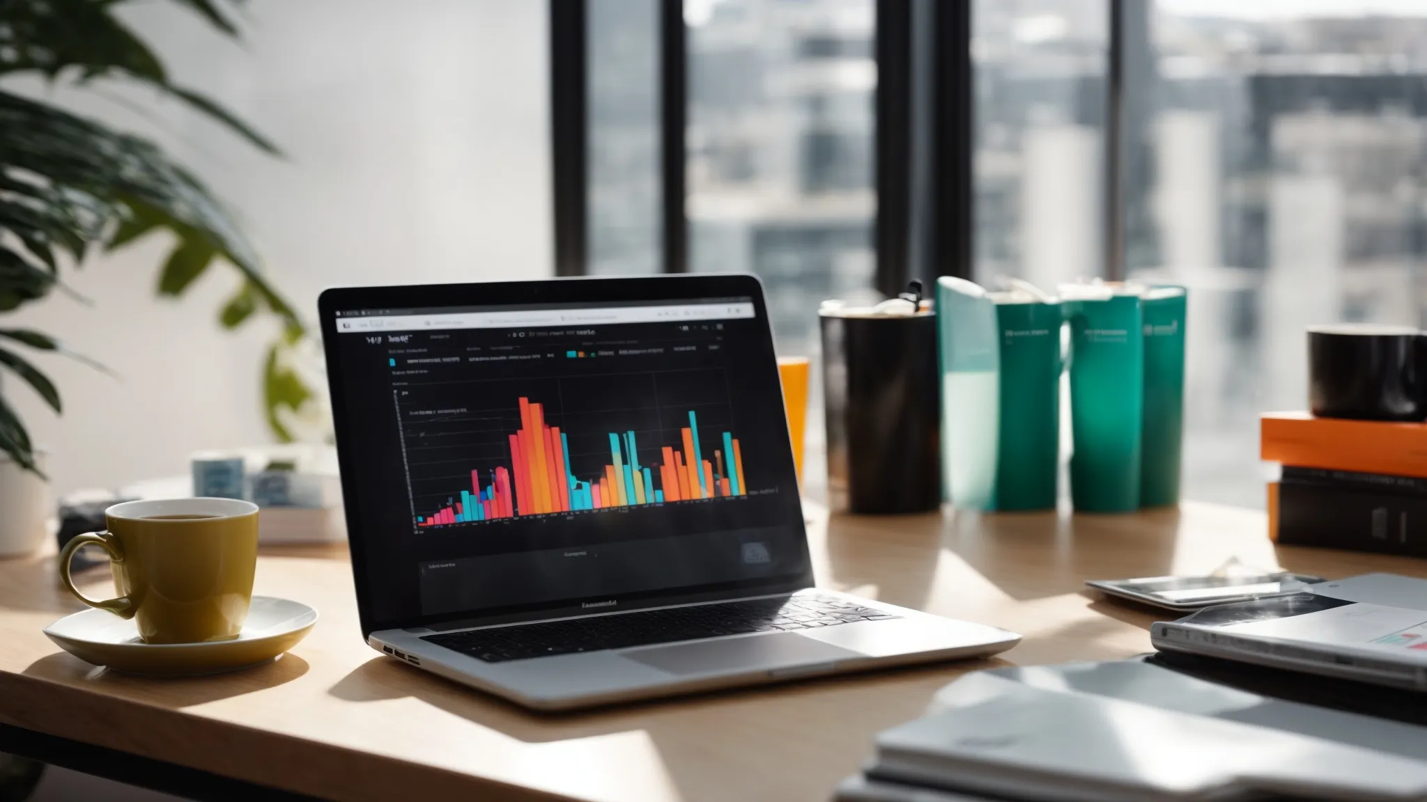 a laptop open on a desk with vibrant graphs on the screen, surrounded by marketing books and a coffee cup, in a bright, modern office.