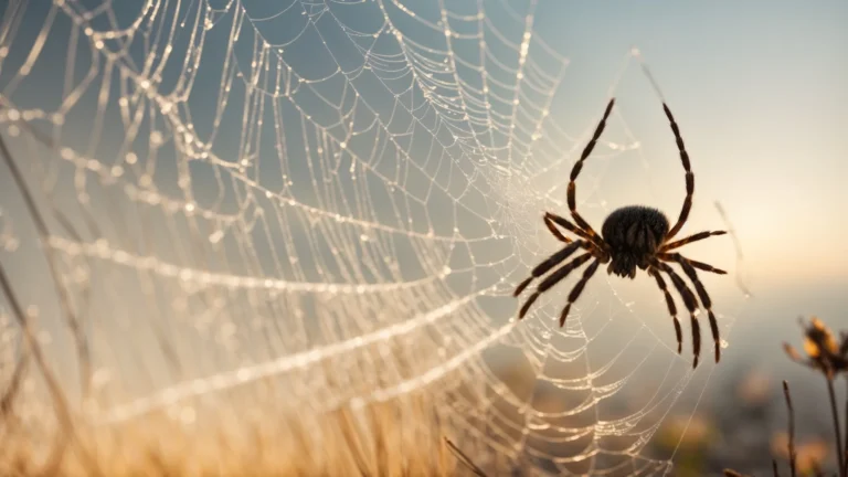 a close-up of a spider weaving its intricate web at dawn, symbolizing the complexity and interconnectedness of link building in seo.