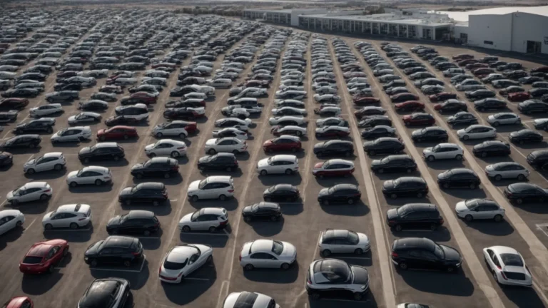 rows of new cars parked in neat lines on a dealership lot under a clear sky.