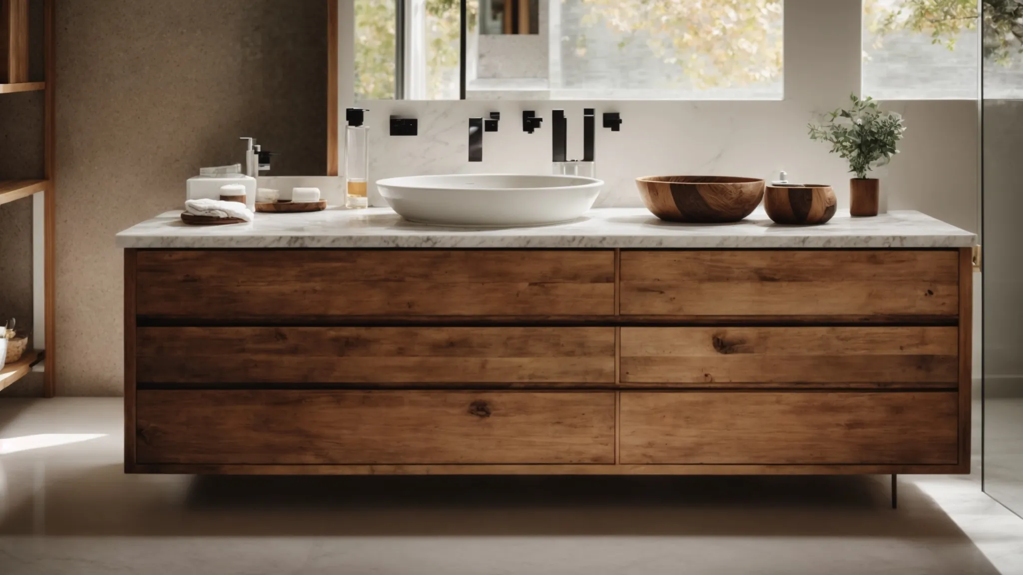 a bathroom featuring a vanity made of reclaimed wood and a countertop of marble chip composite, illuminated by natural light, embodying sustainable elegance.