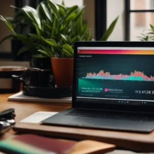 a laptop displaying colorful graphs and charts about website traffic on its screen, positioned on a wooden desk beside a potted plant.