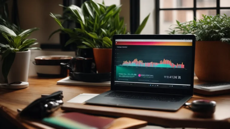 a laptop displaying colorful graphs and charts about website traffic on its screen, positioned on a wooden desk beside a potted plant.