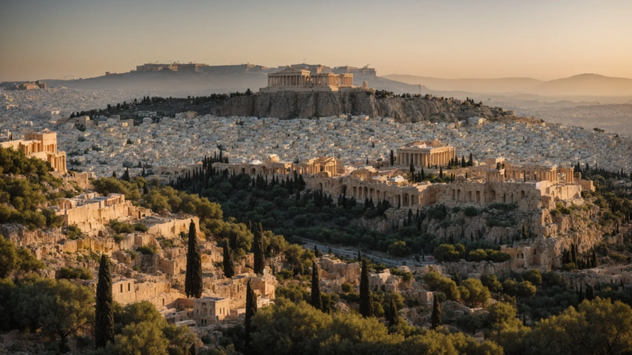 a panoramic view of the acropolis bathed in the golden light of sunset, with the city of athens sprawling beneath it.
