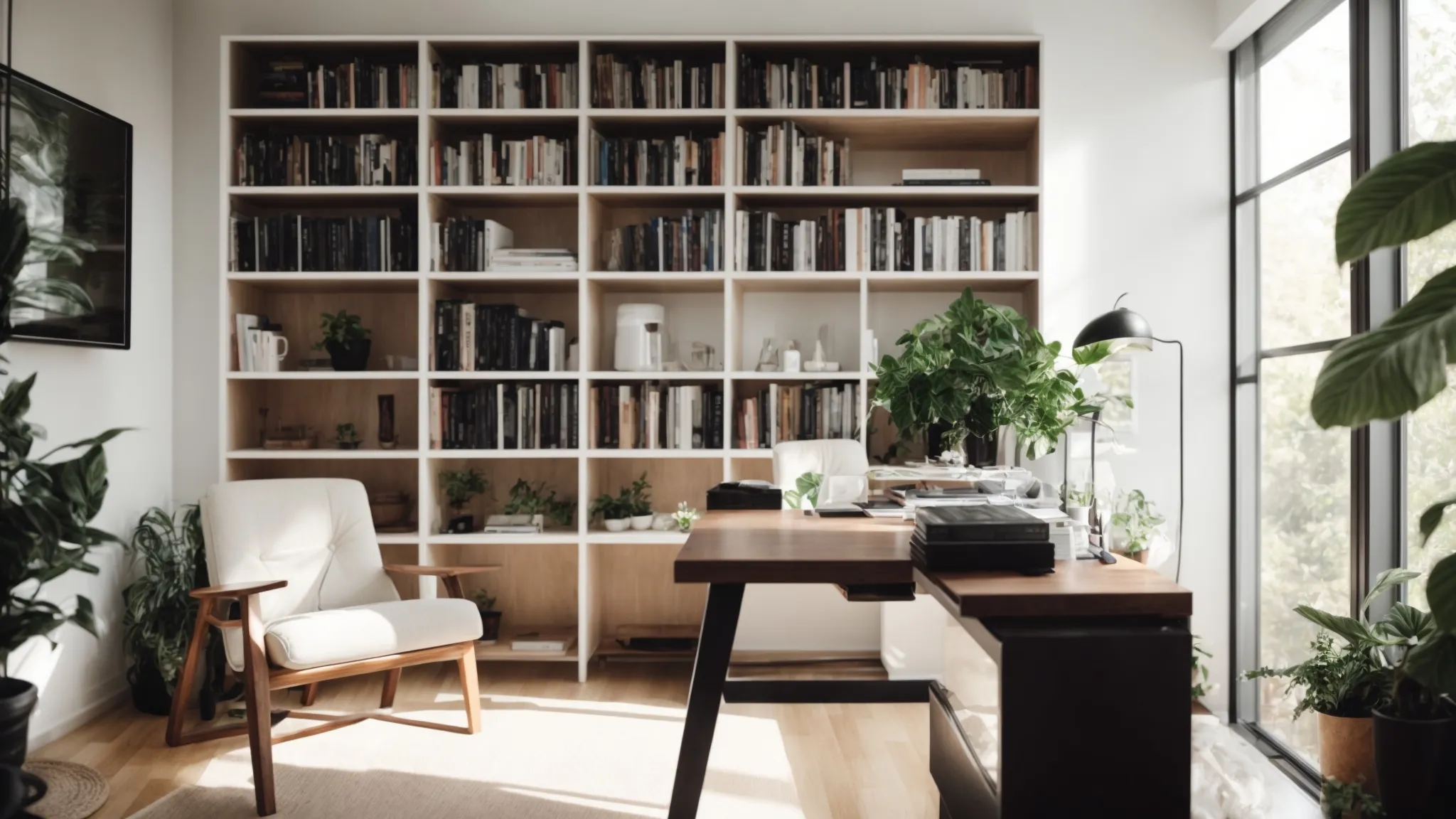 a minimalist home office with a glass desk, a single bookcase filled with neatly arranged books, a couple of green plants, and soft, natural light filtering through a window.