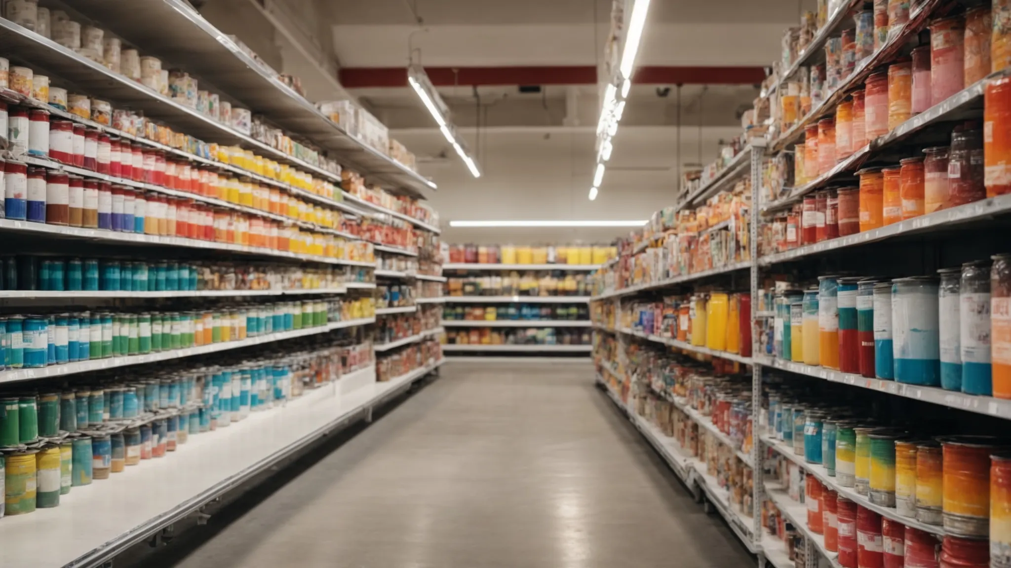 rows of colorful paint cans line the shelves in a bright, welcoming paint store under the florida sun.