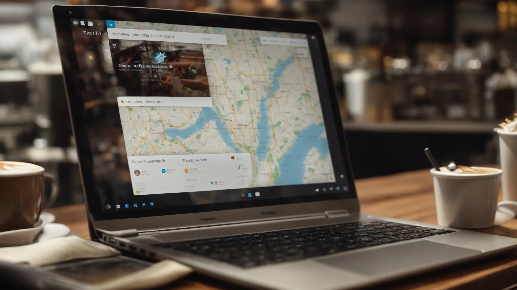 a bustling coffee shop owner is intently working on a laptop, optimizing their business listing on a screen displaying a map and search bar interface.