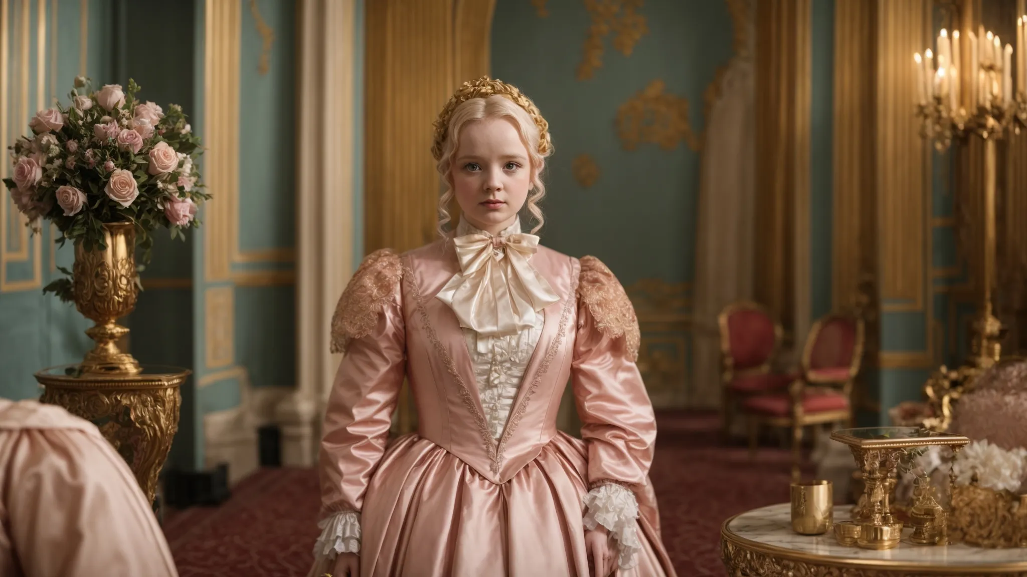 nicola coughlan stands elegantly in a costume from 'bridgerton', surrounded by the luxurious decor of the regency era set.
