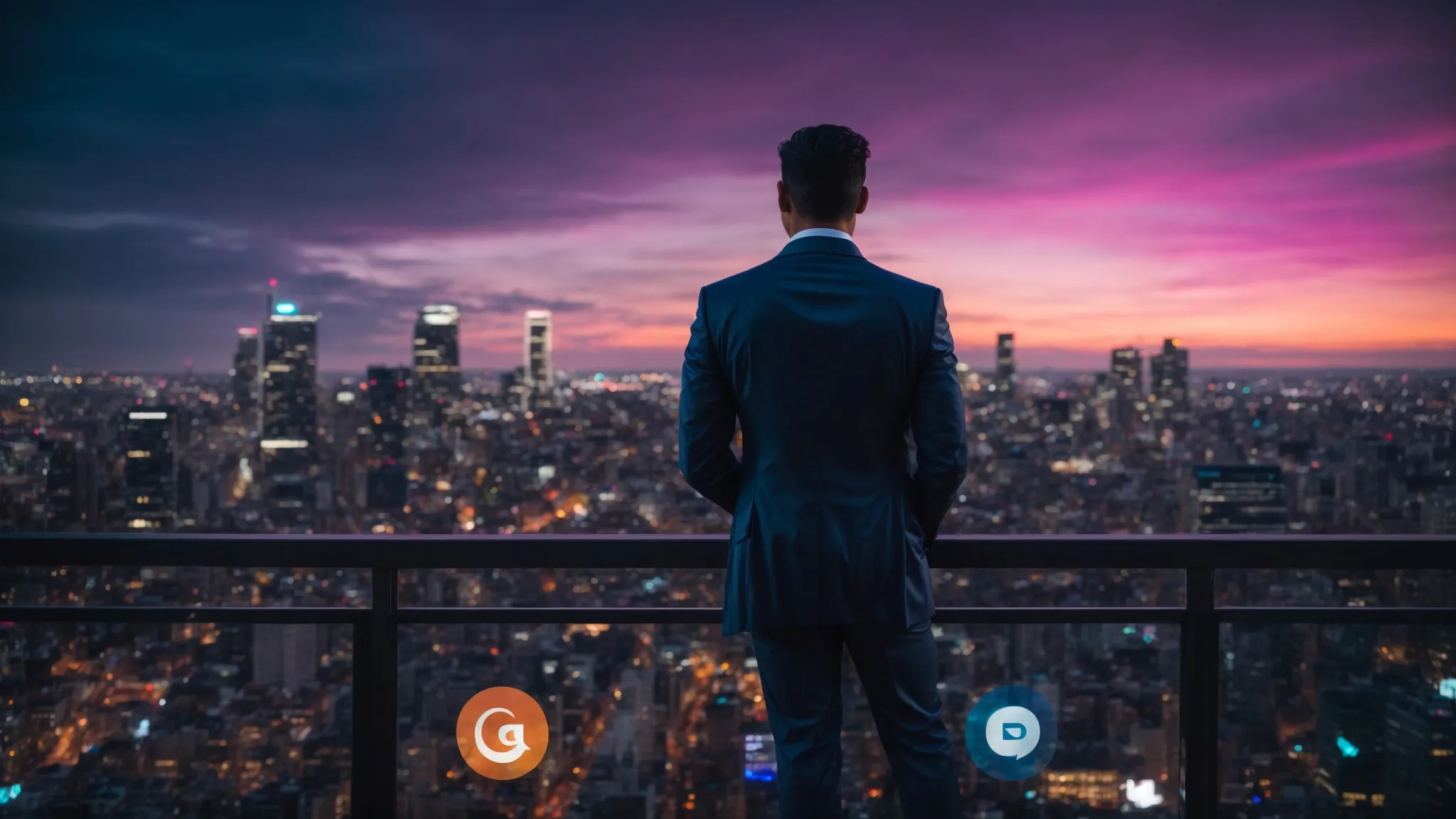 a marketing professional confidently stands on a vibrant city rooftop, overlooking a sprawling network of glowing social media icons under the twilight sky.