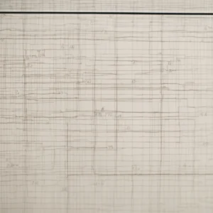 a whiteboard filled with various straight lines crossing through a grid, each labeled with a different equation.