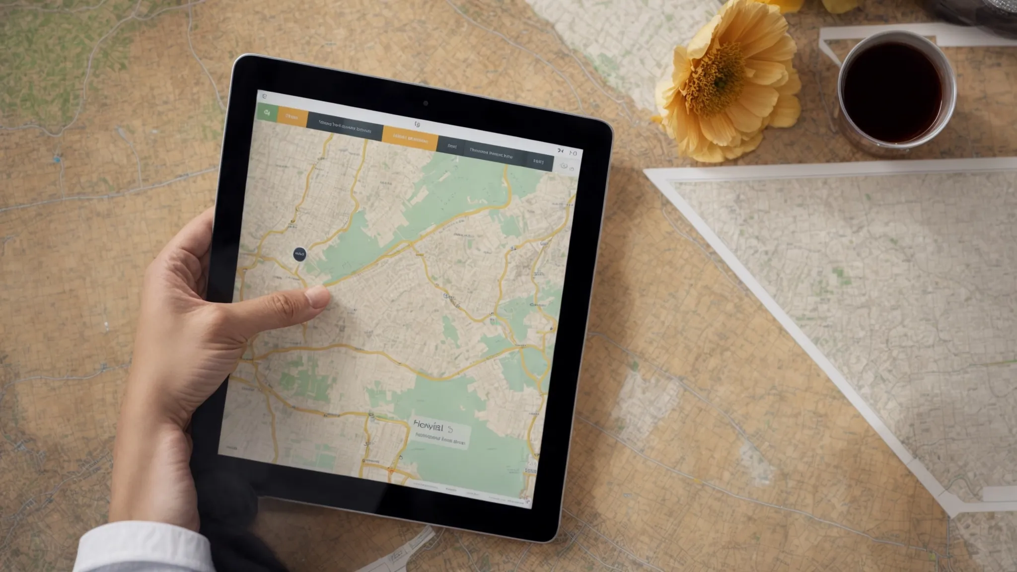 a local business owner reviews their business listing on a digital tablet, surrounded by a map of the surrounding area.