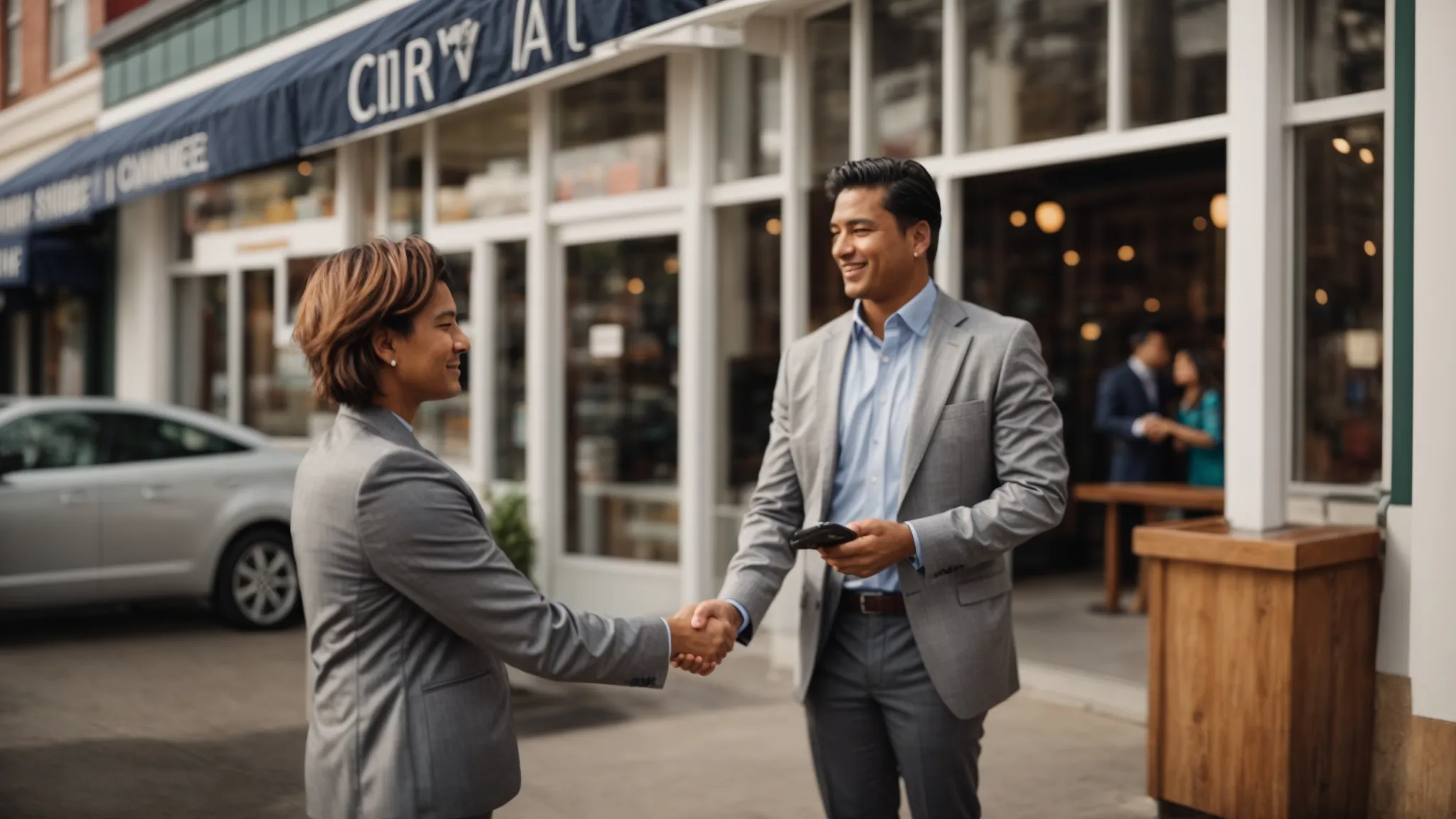 a business owner shakes hands with a local chamber of commerce representative in front of a storefront.