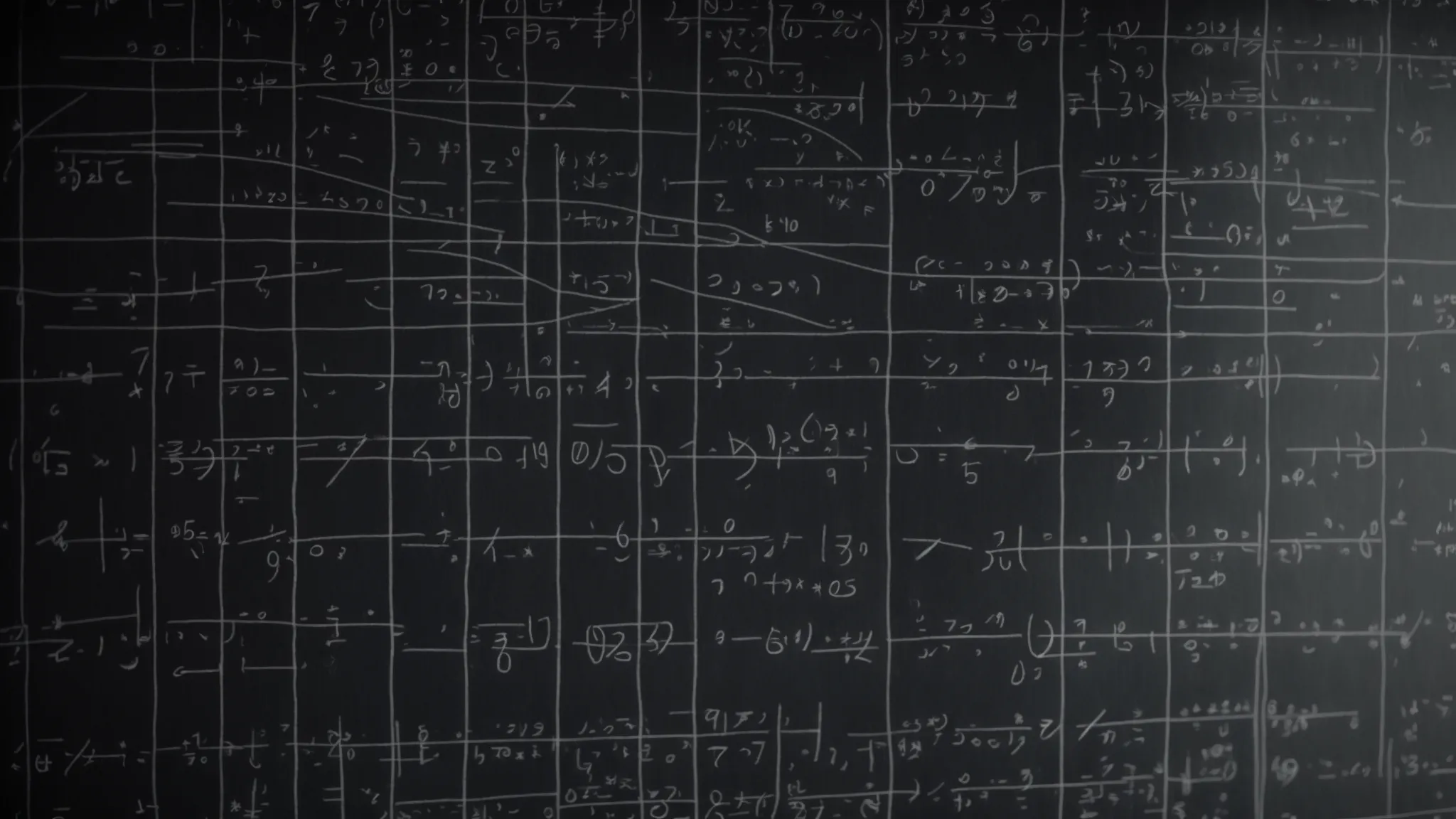 a chalkboard filled with graphs and equations, highlighting a single straight line cutting across the grid.
