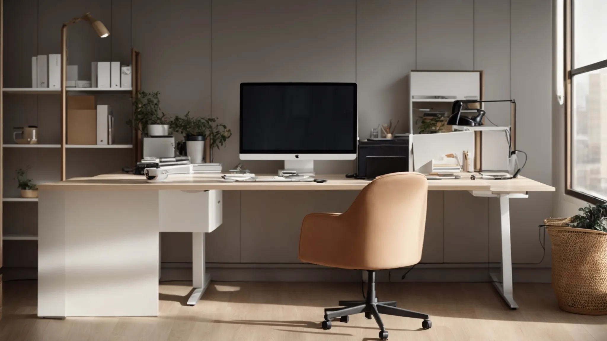 a spacious, clean desk with an adjustable chair in a well-lit office, highlighting an ergonomic setup.