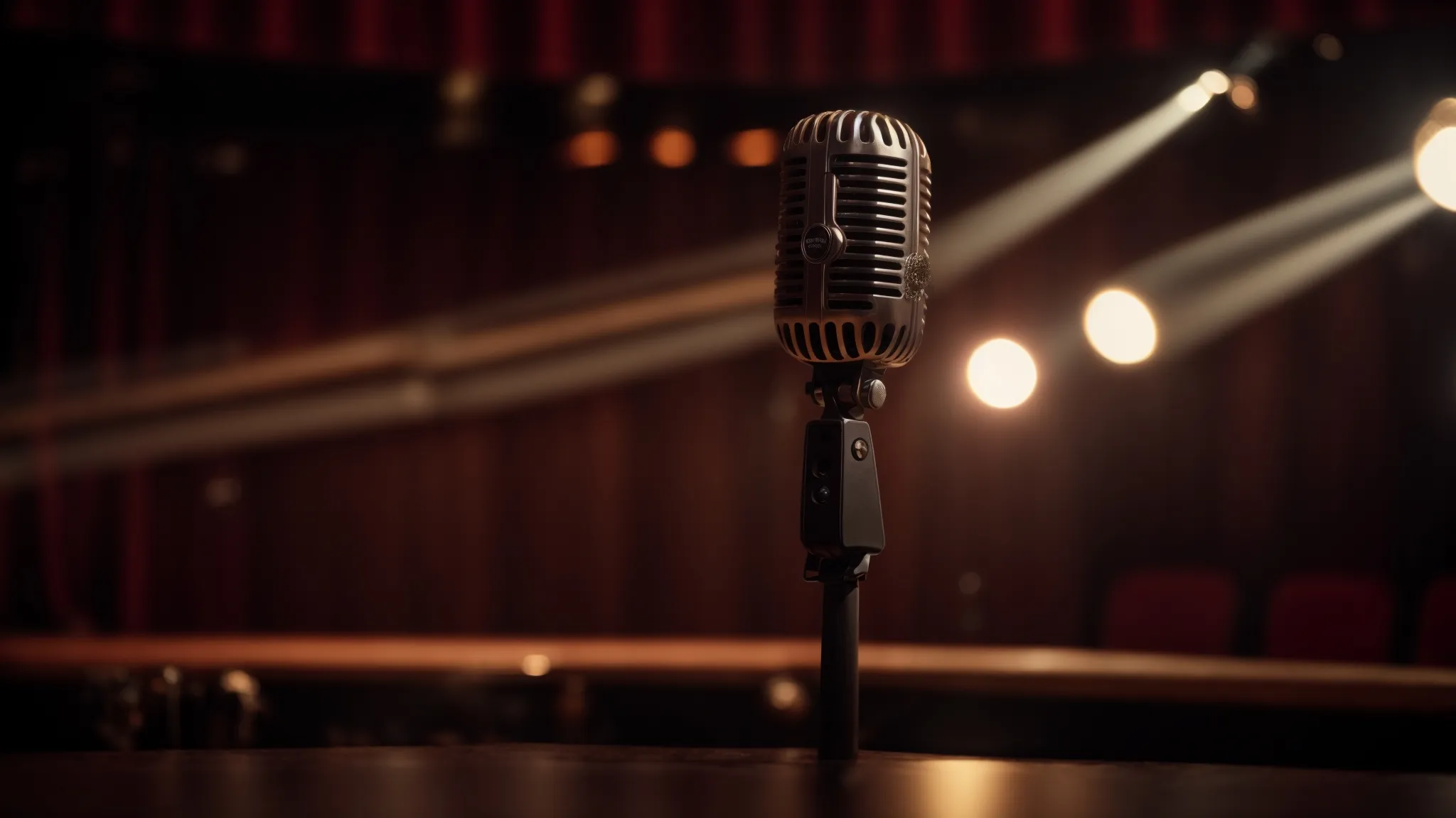 a vintage microphone stands alone under a solitary spotlight on an empty stage, evoking the aura of a jazz club from a bygone era.