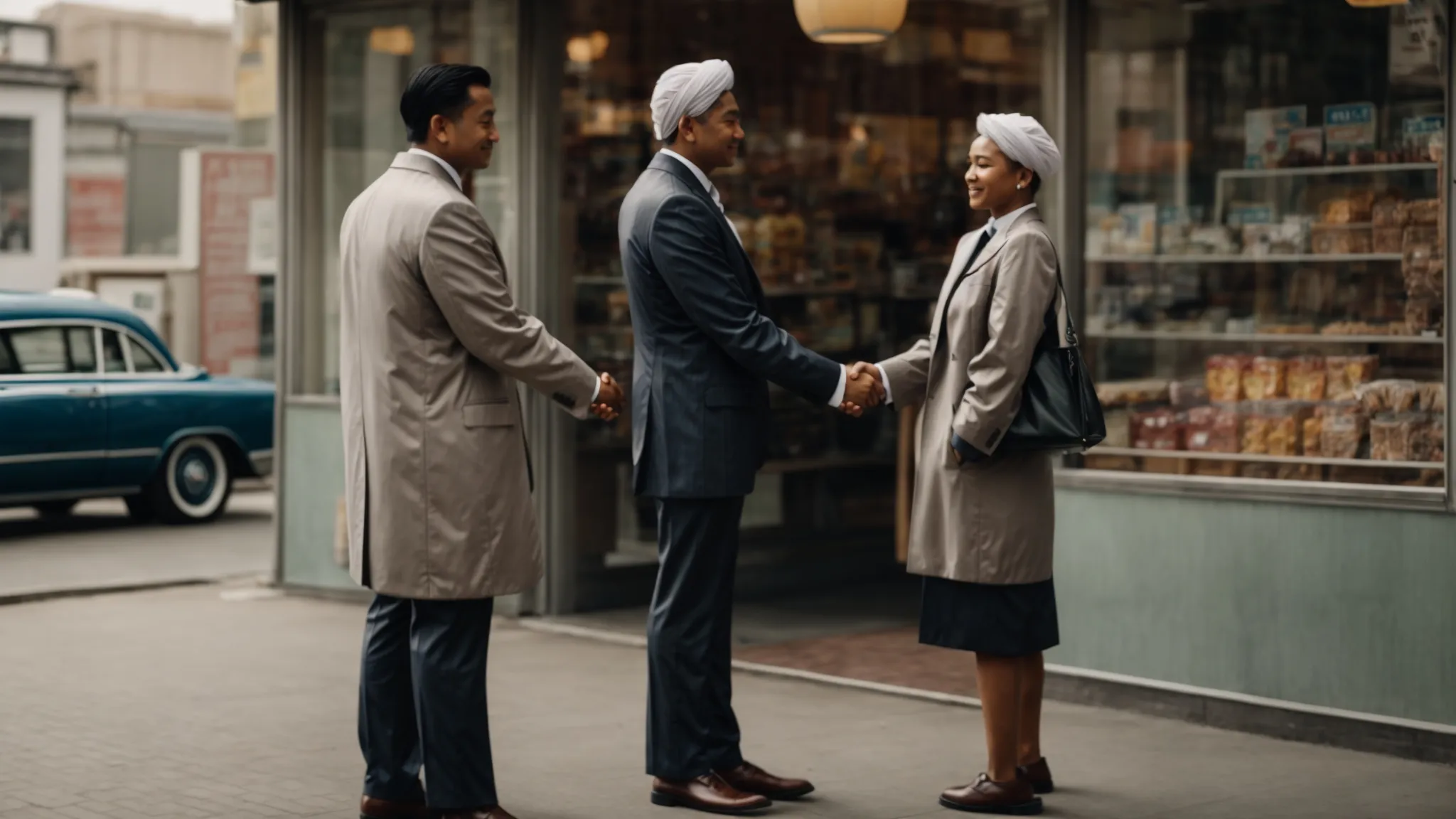 two business people shaking hands in front of a local shop.