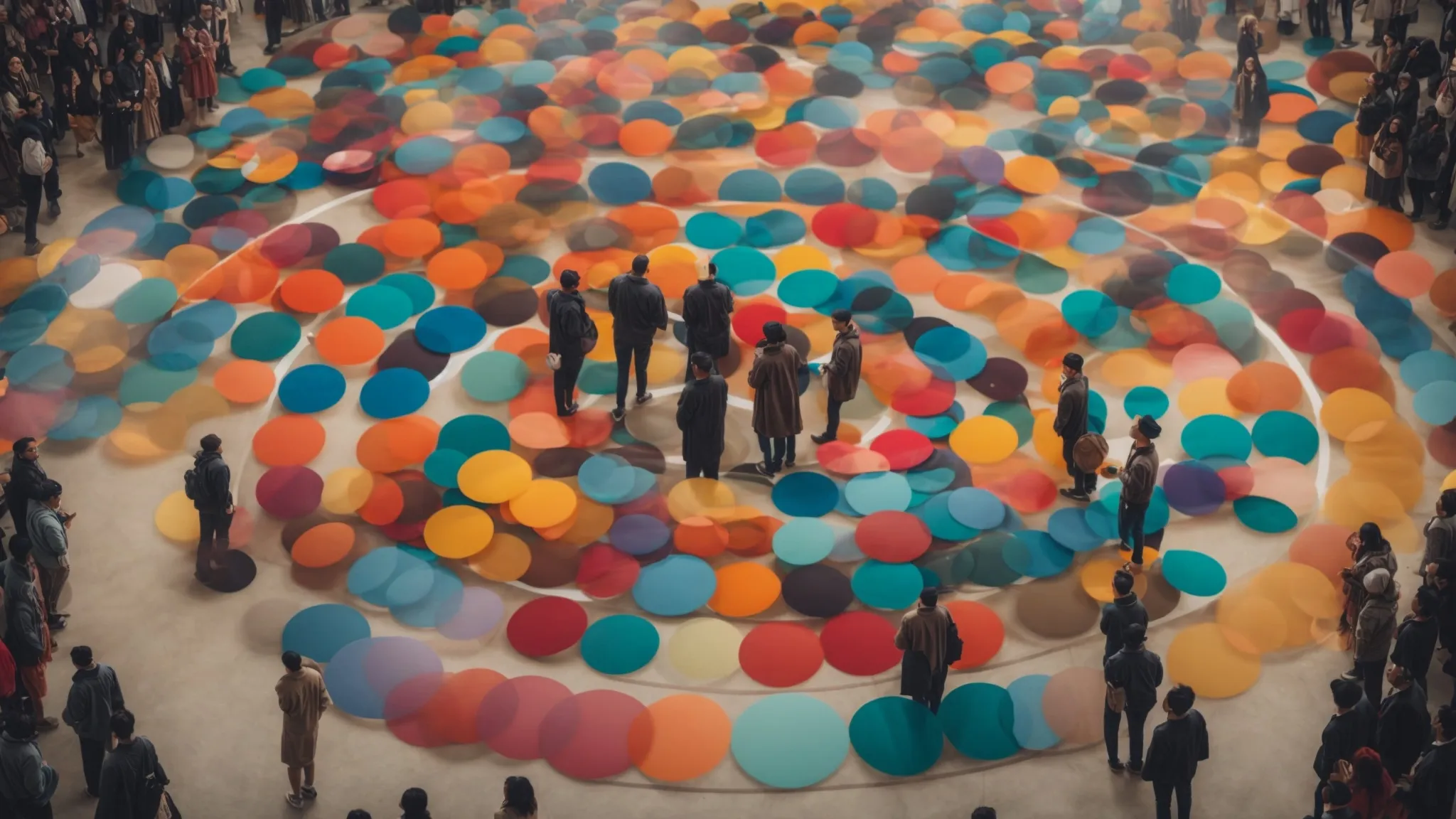 a group of diverse people each standing on a different-colored circle that represents distinct segments, with a glowing email symbol floating above each circle.