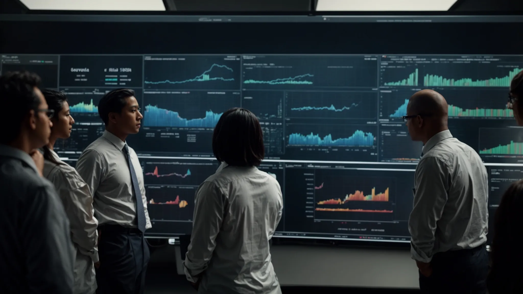 a diverse group stands around a large screen displaying charts and graphs, intensely discussing and pointing towards the data visualizations.