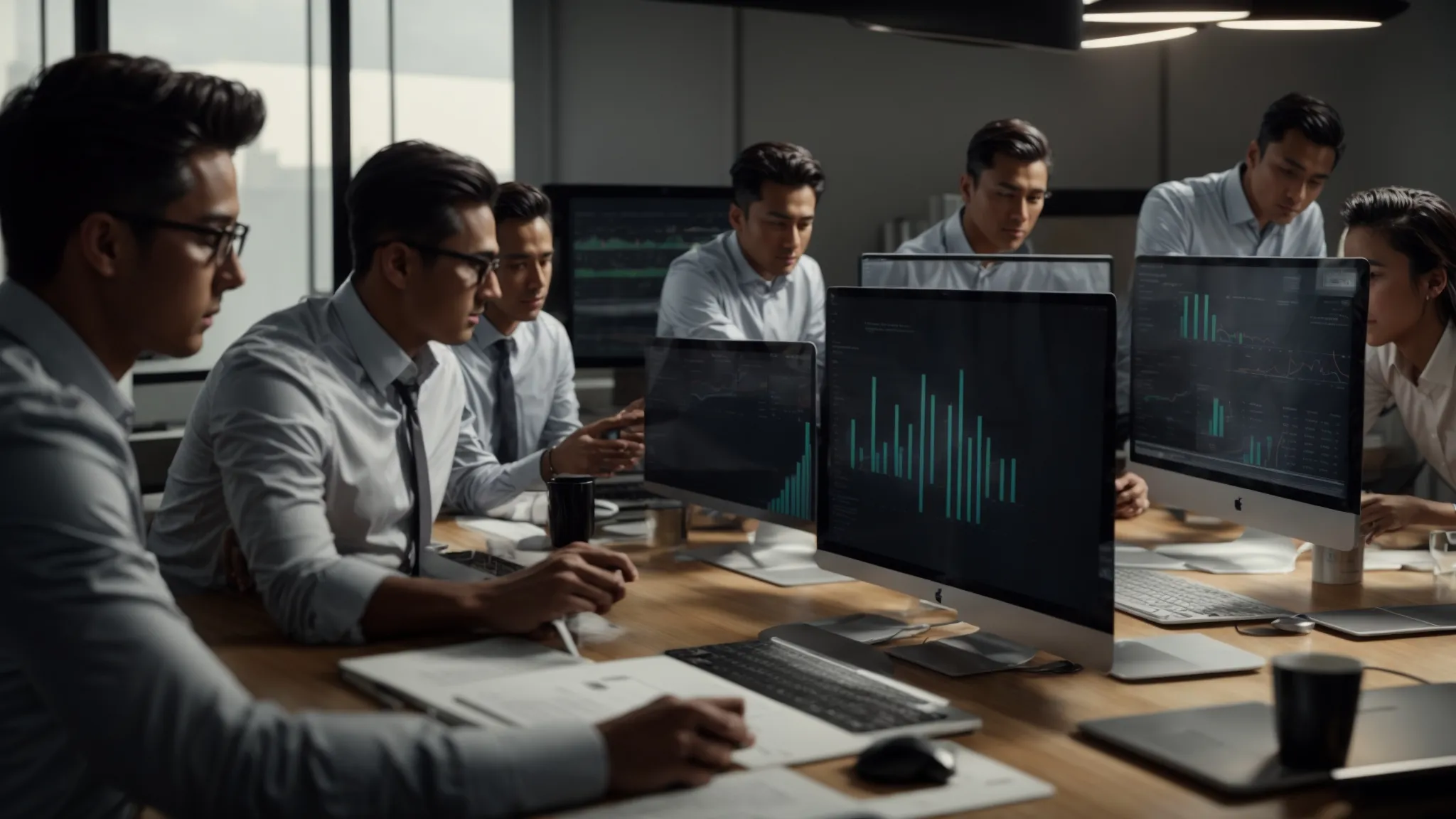 a marketing team gathered around a computer, analyzing graphs and charts on the screen.
