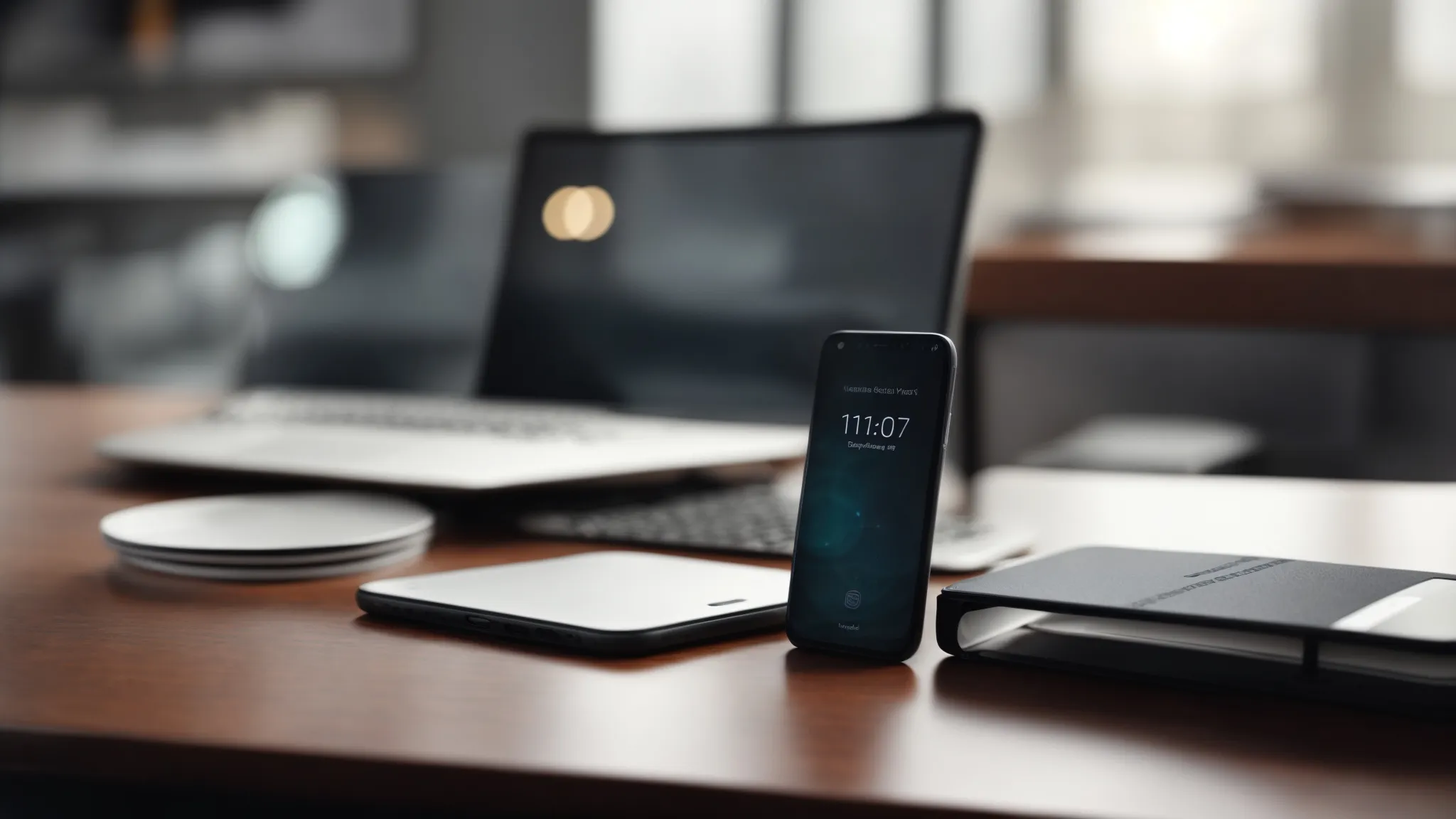 a blurred office background with a clear desktop and smartphone resting side by side.
