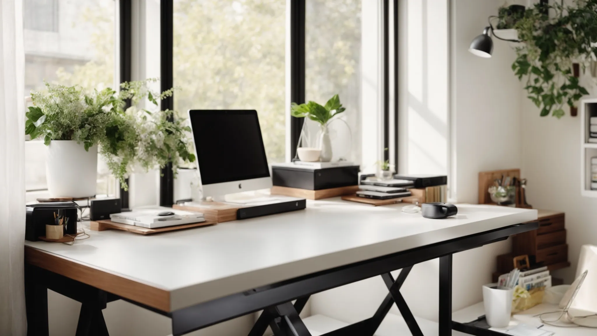 a sleek, adjustable stand-up desk bathed in natural light, standing in the center of a tidy, modern home office.